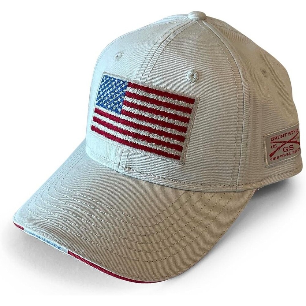 Grunt Style American Flag Patch Hat Mens Off White Adjustable Distressed OZ